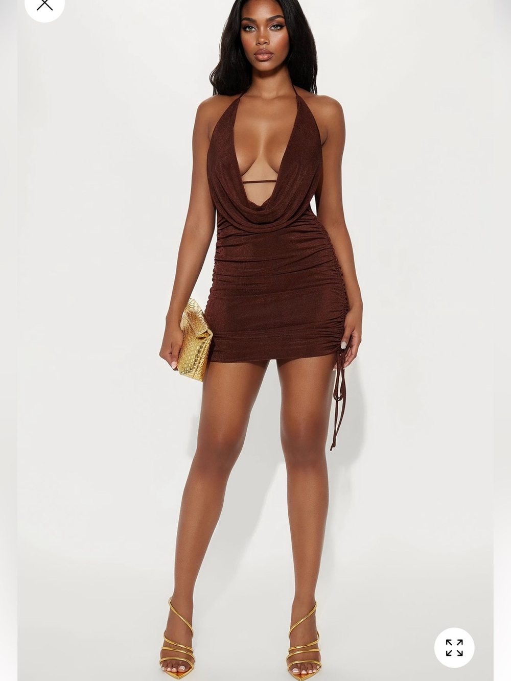 Chocolate Brown Halter Cowl Ruched Mini Dress n